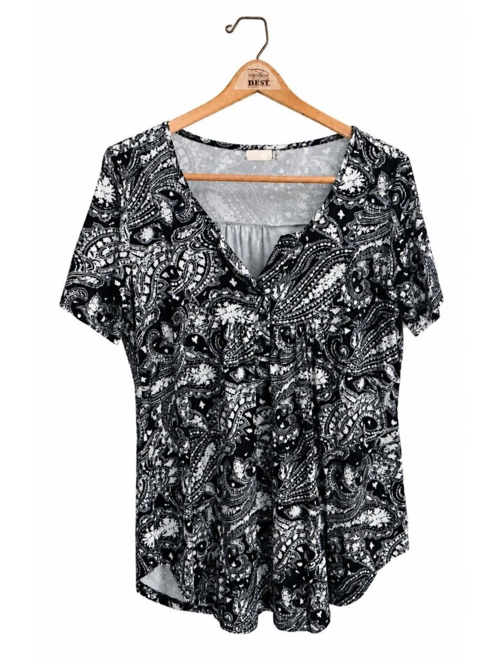 Halife Women's Black White Paisley Blouse XL V Neck Short Sleeve Stretch Top - Picture 2 of 2